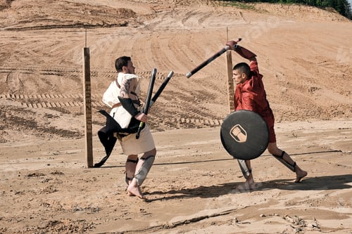 Preview: A Concept Photo Of A Roman Battle Of Two Warriors Of The Colosseum In Action With Aggressive