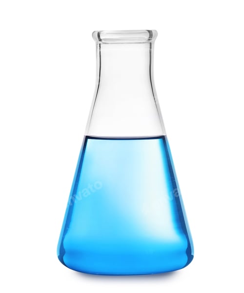 Preview: Glass flask with liquid on white background. Solution chemistry
