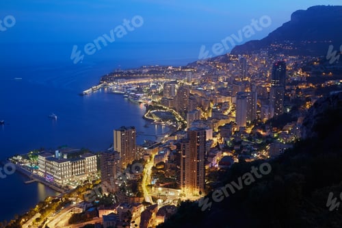Preview: Montecarlo, illuminated city view in the evening, Monaco,