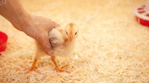 Preview: small chicken in chicken coop, sawdust litter, bird breeding, concept of ecological. bird in hand