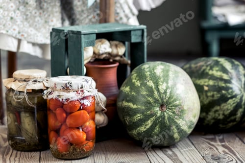 Preview: Jars with delicious pickled vegetables on the floor. Banks with conservation, vegetables, fruits in
