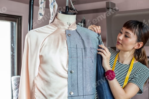 Preview: Japanese female fashion designer working on a garment on a dressmaker's model in a studio.
