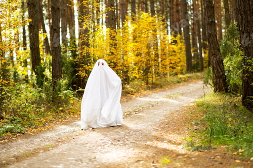 Preview: A child in sheets with slits like a ghost costume in an autumn forest scares