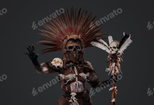 Preview: Aztec shaman woman with plumed headwear and mask