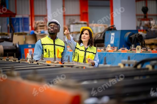 Preview: Team male and female engineers in a metal sheet factory
