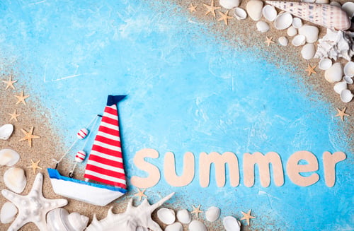 Preview: Vacation and travel. Summer background. Sea card with ship, sand, shells and starfish on blue