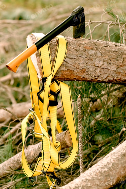 Preview: Close-up of an ax with freshly cut pine wood.