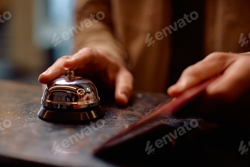 Preview: Close up of hotel guest ringing at service bell at reception desk.