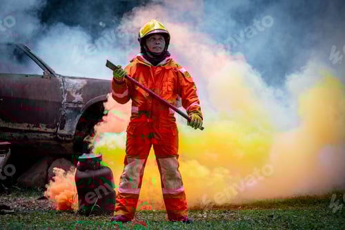 Preview: Fireman wearing safety uniform help car crash accident with axe for rescue victim life on fire and t