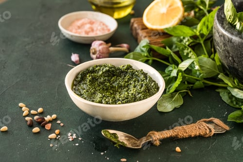 Preview: Pesto sauce in bowl with ingredients on rustic green table. Traditional Italian pesto recipe