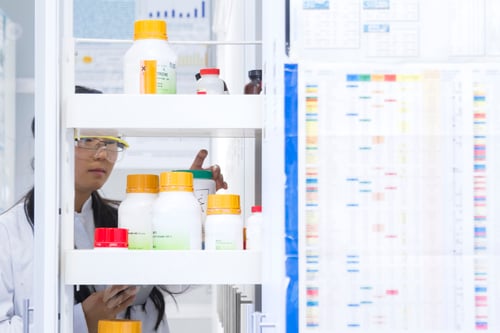 Preview: Female scientist selecting specimen jar from shelf in laboratory