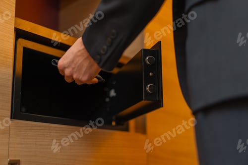 Preview: Close-up of a man's hand putting a wallet with money in a safe in hotel room storage of values