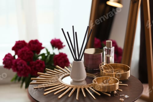 Preview: Composition with stylish accessories and interior elements on table indoors