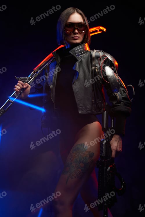 Preview: Sexy female killer with nude and tattooed leg in dark background