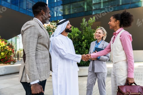Preview: Group of multiethnic business people meeting an emirati businessman