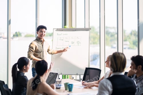 Preview: Asian businessman and team work brainstorm to solve problem and presentation new idea in office
