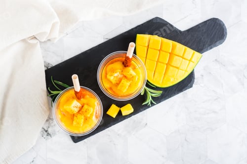 Preview: Mangonada drink made from mango and tajin chili powder in plastic glasses.