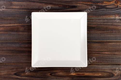 Preview: Empty square White Plate on Wooden Table Top View
