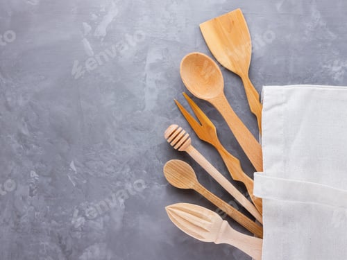 Preview: Zero Waste Concept. Cotton Eco Bag And Wooden Cutlery On Gray Background. Set Of Eco Friendly
