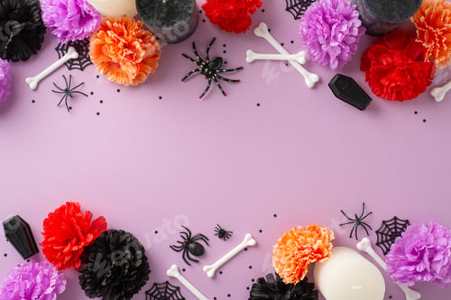 Preview: Embrace Mexican tradition - Day of Dead theme. Top view of unique vibrant flowers, confetti, candles