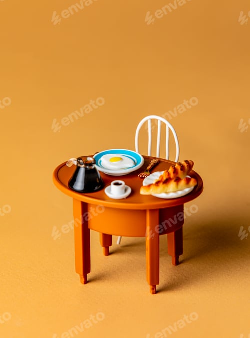 Preview: Coffee cup and buns with eggs on a table