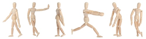 Preview: Set with wooden human models in different poses on white background. Banner design