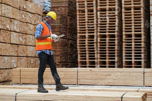 Preview: Warehouse worker working on planks of wood in wooden manufacturing