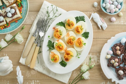 Preview: Easter stuffed eggs. Traditional Easter brunch or dinner with stuffed eggs with paprika, carrot cake