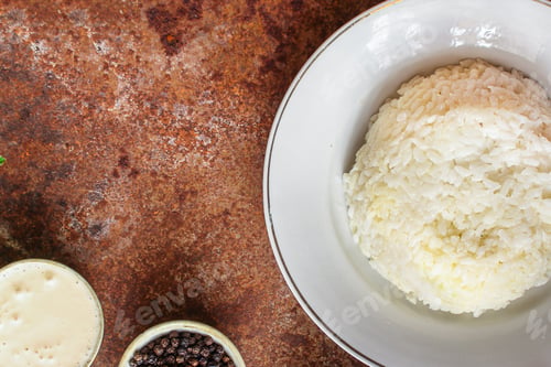Preview: Rice In A Plate Garnish On The Table Serving Size Top View Place Copy Space For Text Keto Or Paleo