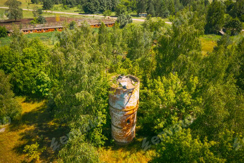 Preview: Belarus. Aerial View Of Ruined Water Tower In Chernobyl Zone. Chornobyl Catastrophe Disasters