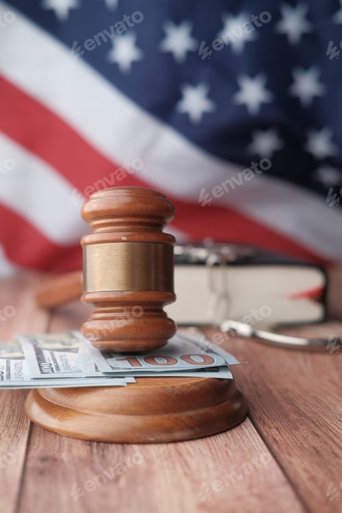 Preview: The Symbol of Justice encompasses the Gavel, Money, and the American Flag as essential elements