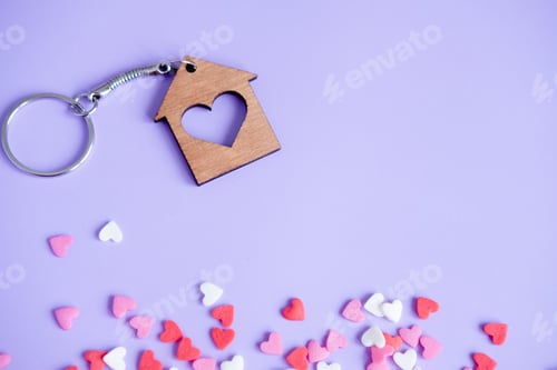 Preview: Valentine's day concept many small hearts and keychain on purple background