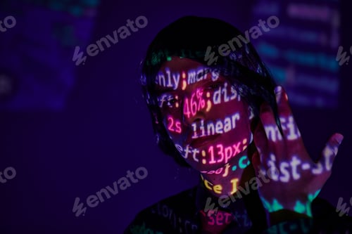Preview: anime style student in black wig in neon light with programming symbols on dark blue backdrop