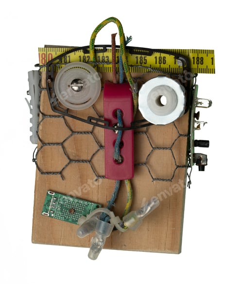 Preview: Robotic head made of wood and various small industrial parts isolated on the white background