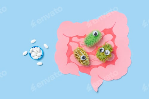 Preview: Cartoon Intestines With Bacteria And Medicine Pills