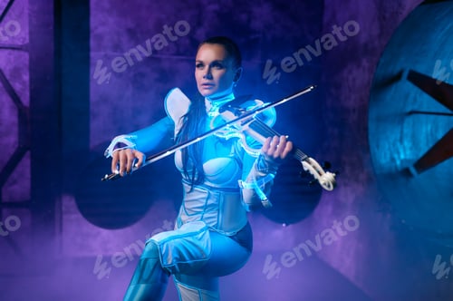 Preview: Young woman playing violin solo on stage illuminated with neon light