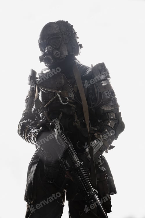 Preview: Military soldier in spirit of post apocalypse against backlit