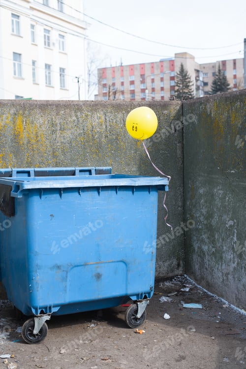 Preview: Yellow balloon tied to trash can outside. End of the party concept