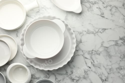 Preview: Different casseroles on white marble table, flat lay. Space for text