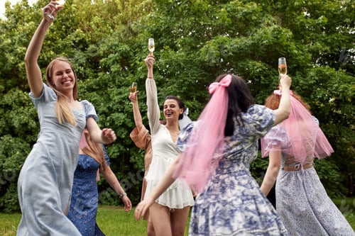 Preview: Happy charming bride in white dress with white veil and bridesmaids with pink veils raise champagne
