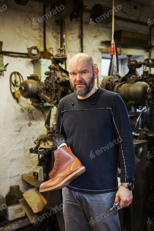 Preview: Man standing in a shoemaker's workshop, holding a pair of brown leather ankle boots.
