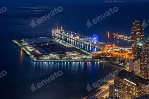 Preview: Top view of Navy pier at twilight time, along Lake Michigan, Chicago cityscape, illinios,