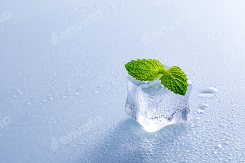 Preview: Selective focus shot of an ice cube with mint leaves on a wet surface
