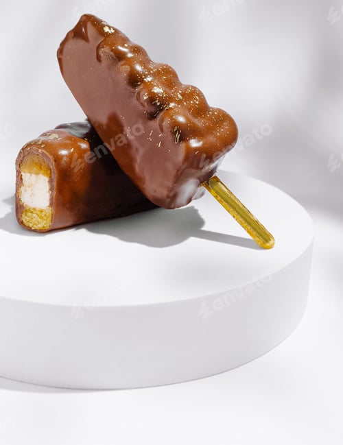 Preview: Chocolate ice cream bars displayed on a white pedestal with soft backdrop