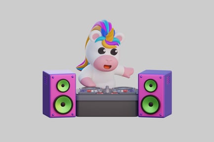 Vista previa: DJ de unicornios de dibujos animados con equipo