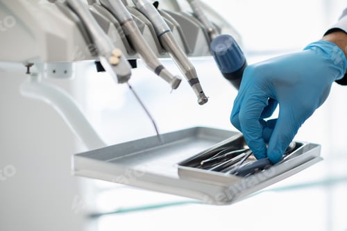 Preview: Closeup Shot Of Dentists Hand In Blue Glove Taking Sterile Stomatological Tools