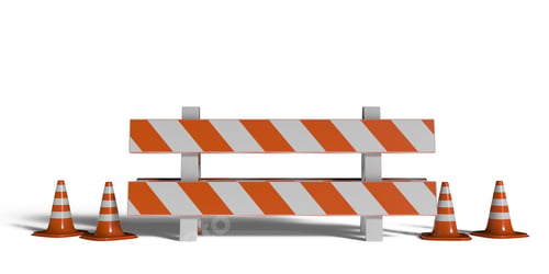 Preview: Construction safety. Street barricade and traffic cones isolated on white background.
