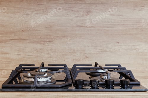 Preview: Gas stove with hob in kitchen, close up