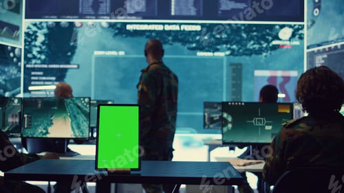 Preview: Isolated greenscreen display running on a tablet in military power base