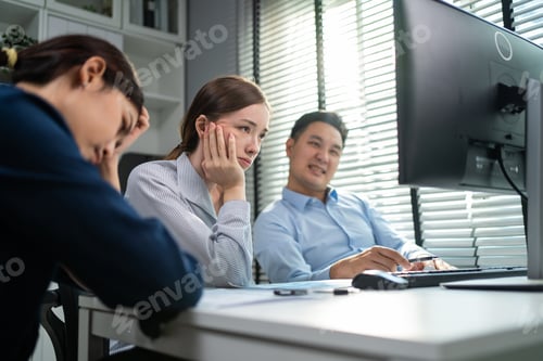 Preview: Frustrated group of young businessman and woman people work in office.